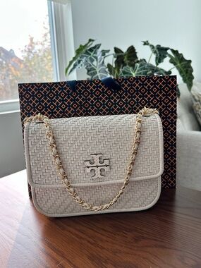 Tory Burch Woven Leather Chain Convertible Bag in New Ivory